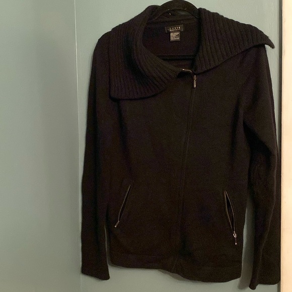 Forte Cashmere women’s zip up cardigan- large - black- oversized collar - Picture 1 of 7